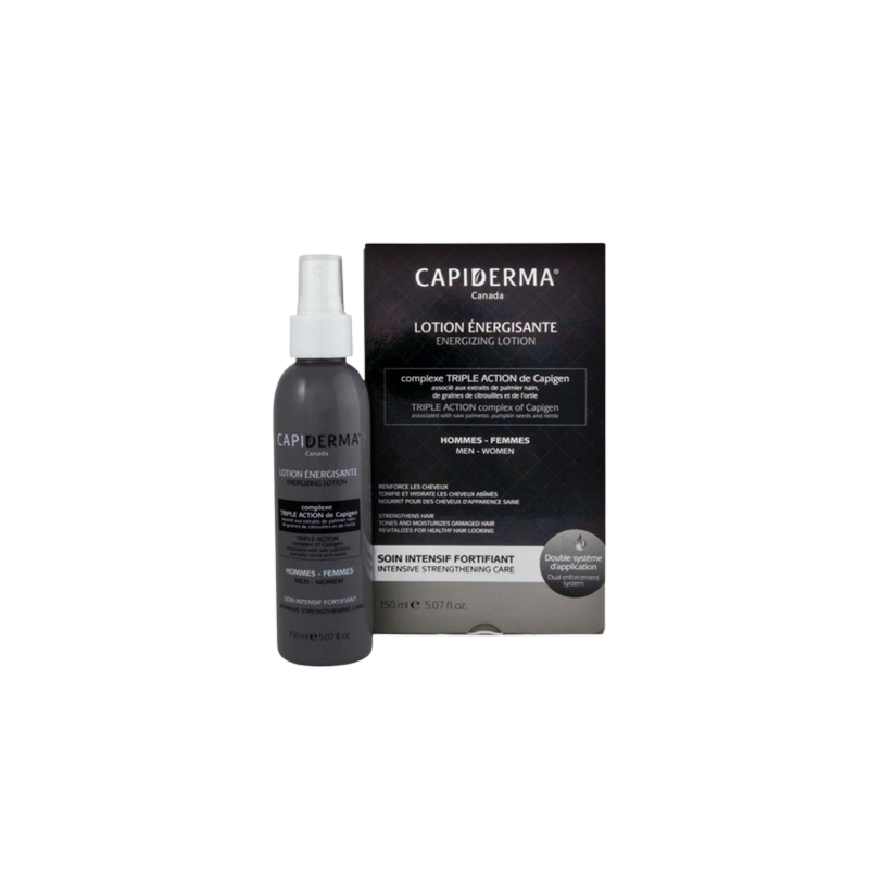 Capiderma Lotion énergisante Anti-chute 150ml flacon gris foncé avec bouchon spray