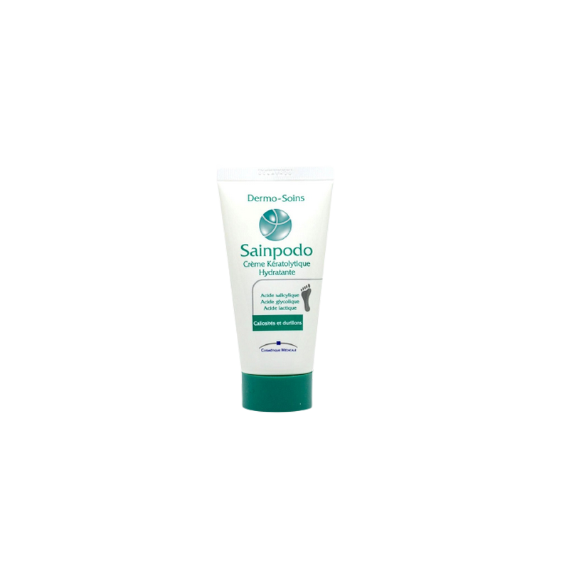 Dermo-Soins Sainpodo Crème Kératolytique Hydratante 50ml tube souple blanc avec bouchon vert bleu à vis