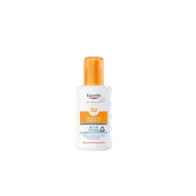Eucerin Sun Protection Sensitive Protect Kids Spray SPF 50+ 200ml flacon souple blanc et orange avec bouchon facile