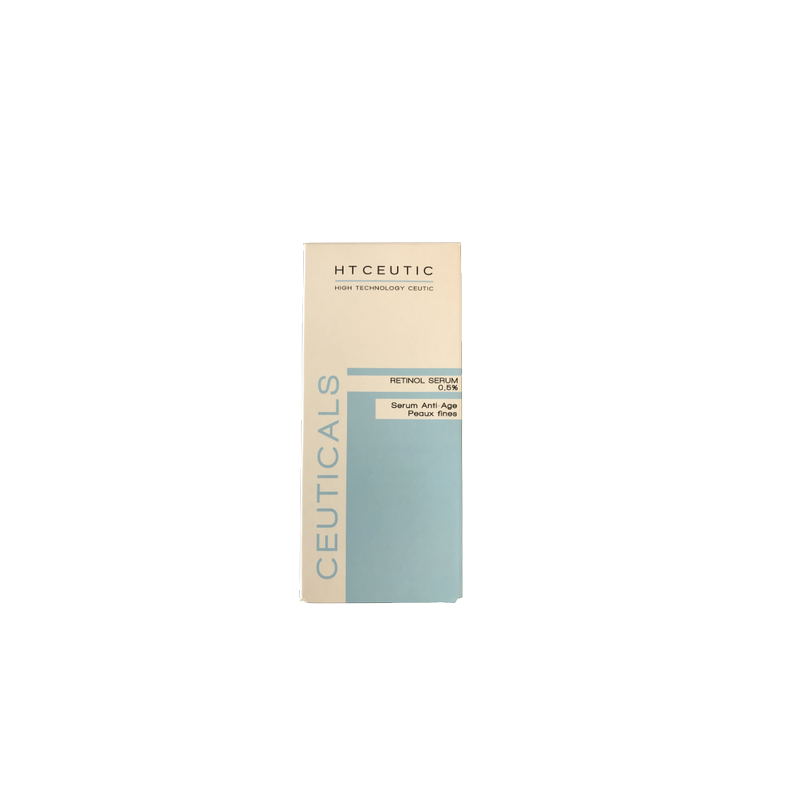 HT Ceutic Sérum Retinol 0.5% 30ml, boite blanche et bleu cartonée