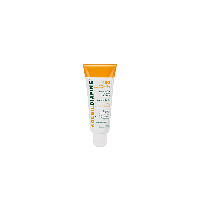 Biafine Soleil Émulsion Solaire Visage SPF 50 50ml flacon souple blanc et orange avec bouchon clips