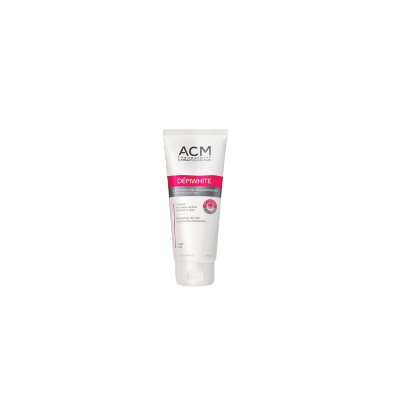 ACM Dépiwhite Lait Corporel Éclaircissant tube souple blanc avec bouchon clips