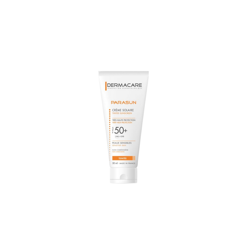 Dermacare Parasun Crème Solaire SPF 50+ Teintée 50ml tube souple blanc et orange avec bouchon clips