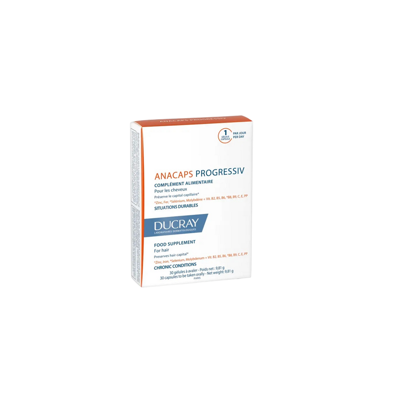 Ducray Anacaps Progressiv Complément Alimentaire 30 Gélules dans sa boite cartonnée blanche et orange