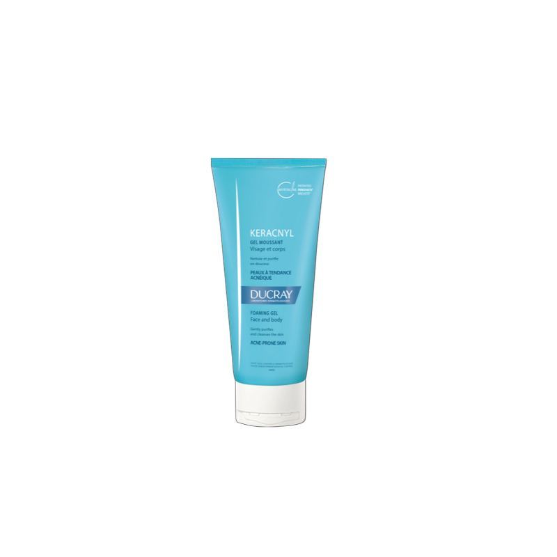 Ducray Keracnyl Gel Moussant 200ml tube transparent avec bouchon clips blanc