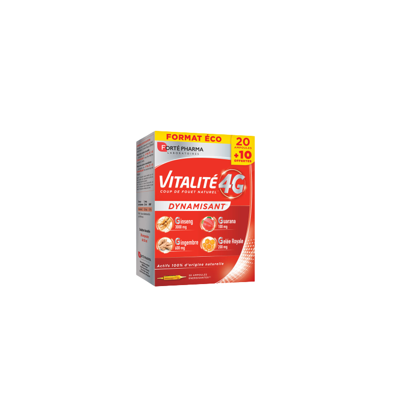 Forté Pharma Vitalité 4G Dynamisant 30 Ampoules dans sa boite cartonnée rouge et gris
