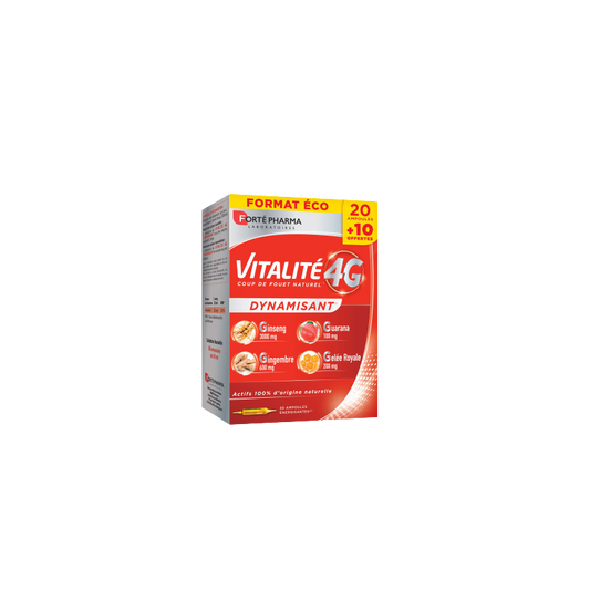 Forté Pharma Vitalité 4G Dynamisant 30 Ampoules dans sa boite cartonnée rouge et gris