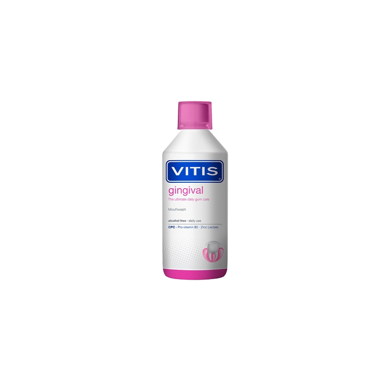 Vitis Bain de Bouche Gingival 500ml, flacon plastic souple blanc avec bouchon rose